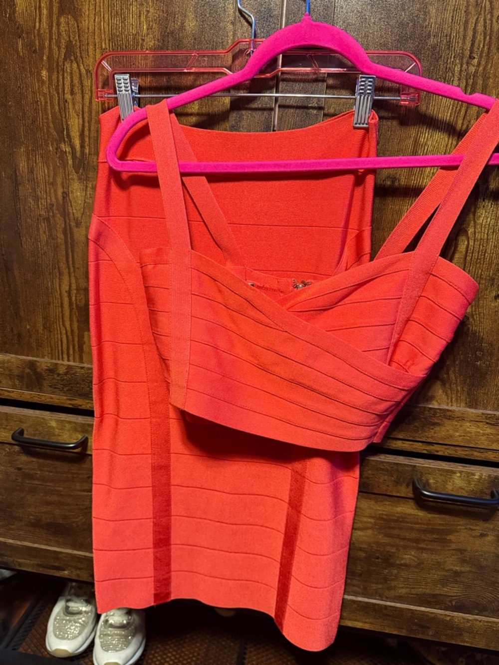 bebe Coral-Red Bandage Mini Dress with Straps